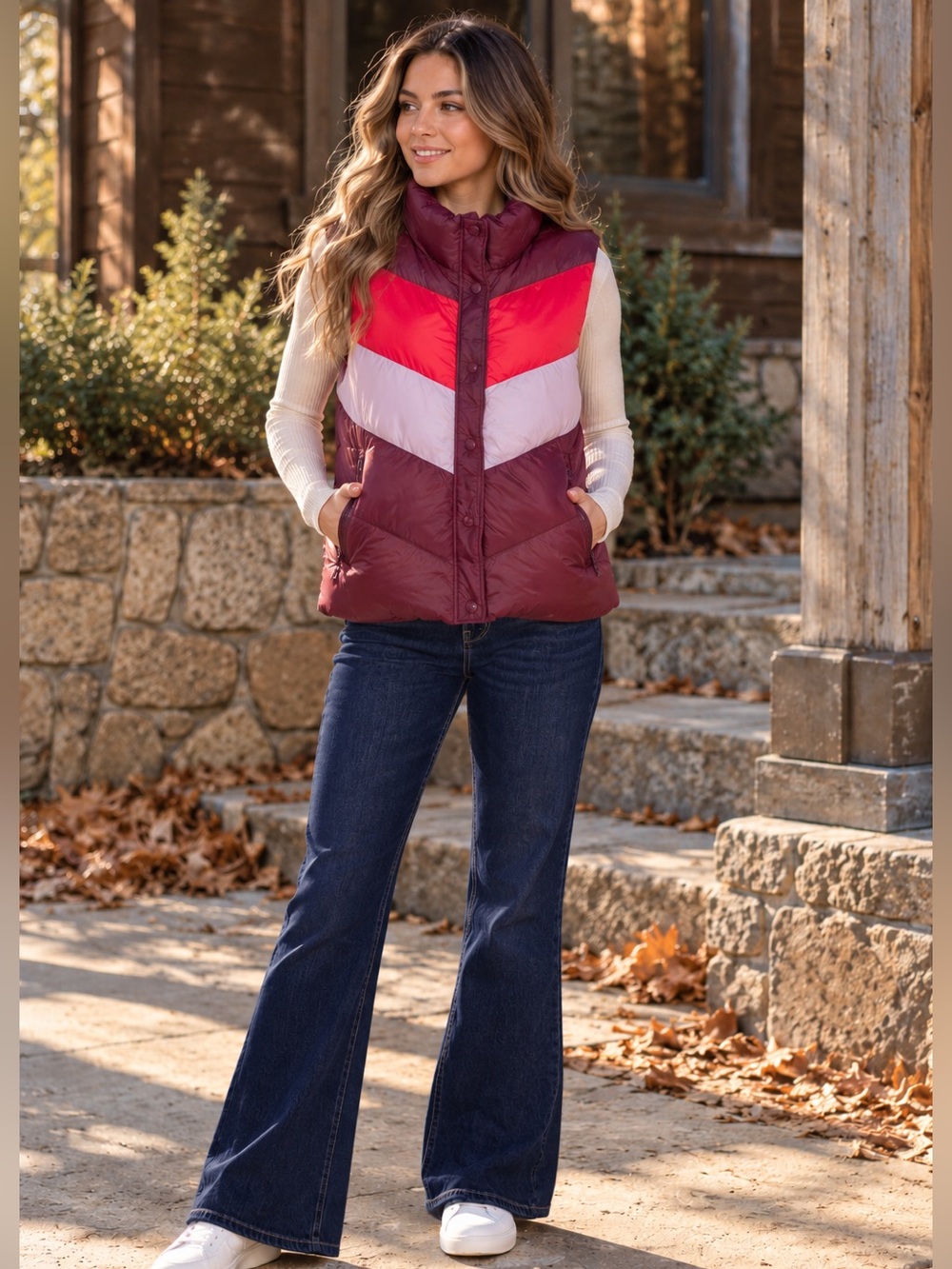 Old Navy Retro Chevron Puffer Vest - Burgundy, Red & Pink 90’s | Size Medium